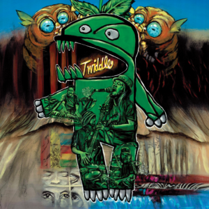 "Twiddle Tribute" painting by Morphis Art, featuring a fantastical green creature representing Twiddle Band Merchandise, surrounded by artistic representations of band members, with an array of vivid colors and emotional depth.