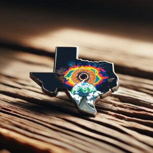 Texas Eclipse Festival 2024 commemorative pin in the shape of Texas, featuring vibrant, cosmic-inspired artwork.