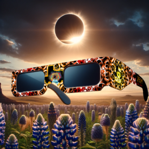 Texas Eclipse 2024 Solar Viewers positioned against a dramatic backdrop of a solar eclipse, surrounded by vibrant lupine flowers.